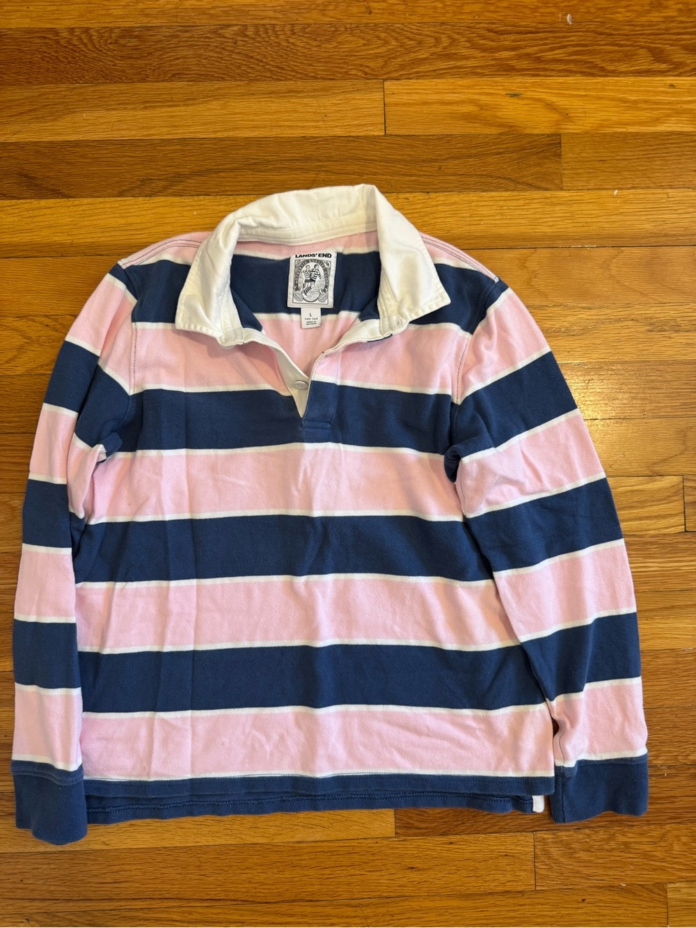 Lands' End Navy and Pink Striped Rugby Shirt Kids 14H-16H